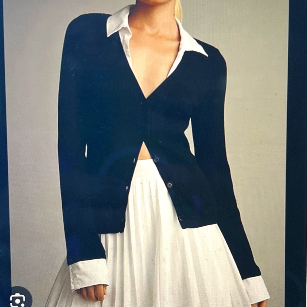 NWT - Maeve Layered Ribbed Black Cardigan Sweater White Shirt Collar and Cuffs